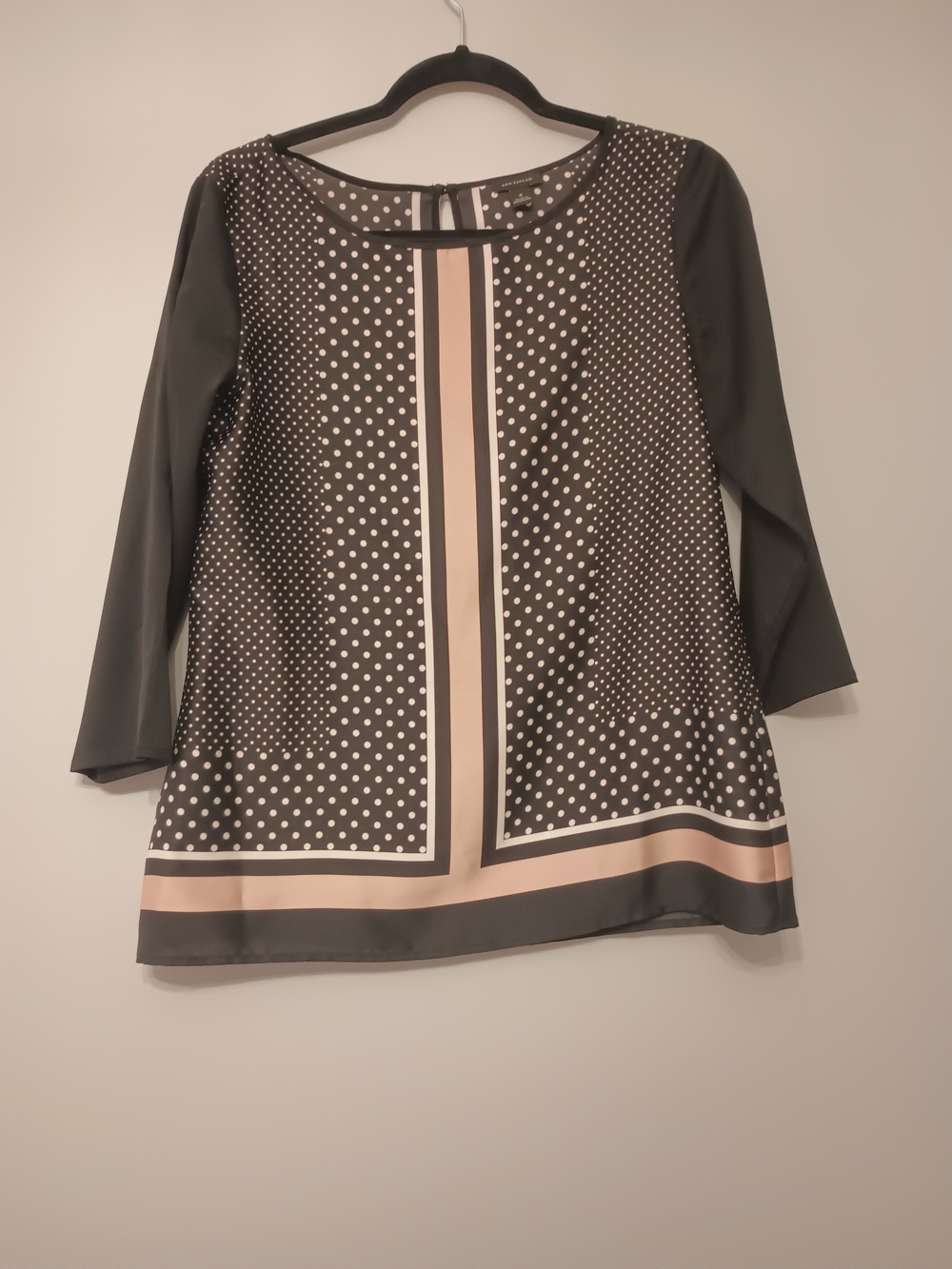 Ann Taylor Black Blouse with Cream and Beige Stripe & Polka Dot Panel 4